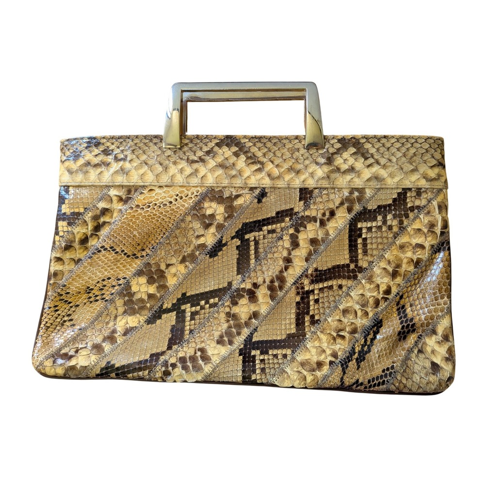 Varon Patchwork Snakeskin Clutch Vintage Exotic Metal Handle Bag Mid Century